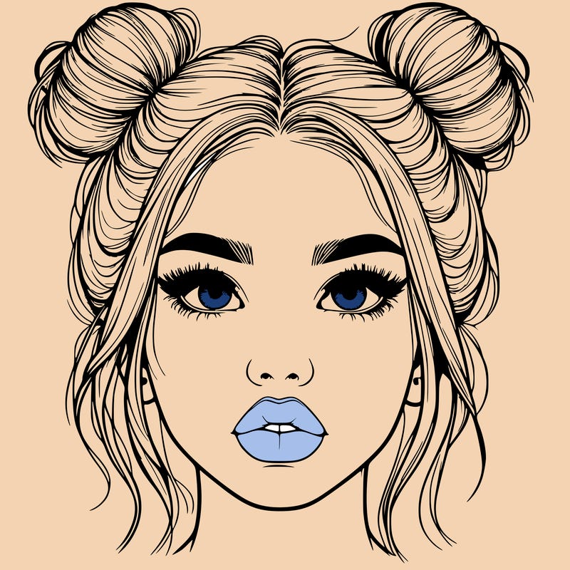 realistic girl with two buns on her hair and lips