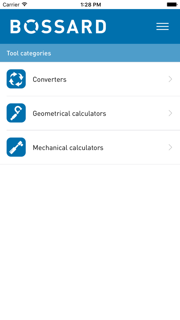Fastener Calc app main menu showing tool categories for engineering calculators and converters