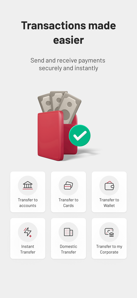 BM Online Business - BM Online Business app screen showing various secure money transfer options including accounts cards and wallets