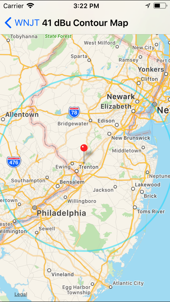 OTAMap screen showing a 41 dBu signal contour map for WNJT centered near Trenton and Philadelphia