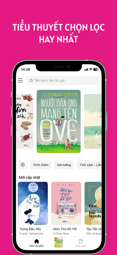 Tiểu thuyết hay chọn lọc - ベトナム語小説アプリのホーム画面。オットー・ハーンの物語などの本の表紙や、さまざまな文学カテゴリーが表示されています。