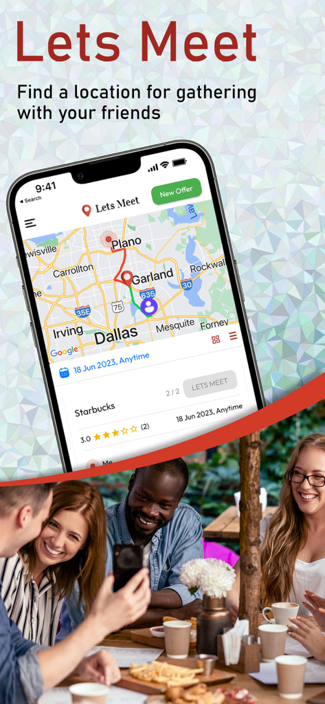 Interfaz de la aplicación Lets Meet que muestra un mapa para encontrar el mejor lugar para reunirse con amigos