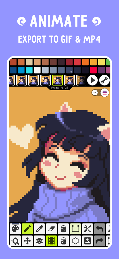 Pixel Studio animation interface showing a character on a timeline with options to export as GIF or MP4.