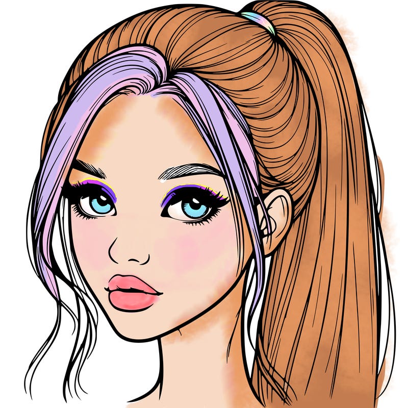realistic girl with ponytail on the top of her hair and lips
