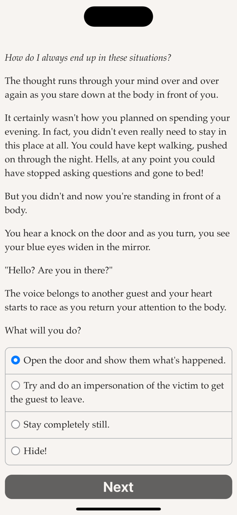 A text-based gameplay screen from the game Evertree Inn showing a narrative mystery scene with four multiple-choice player options.