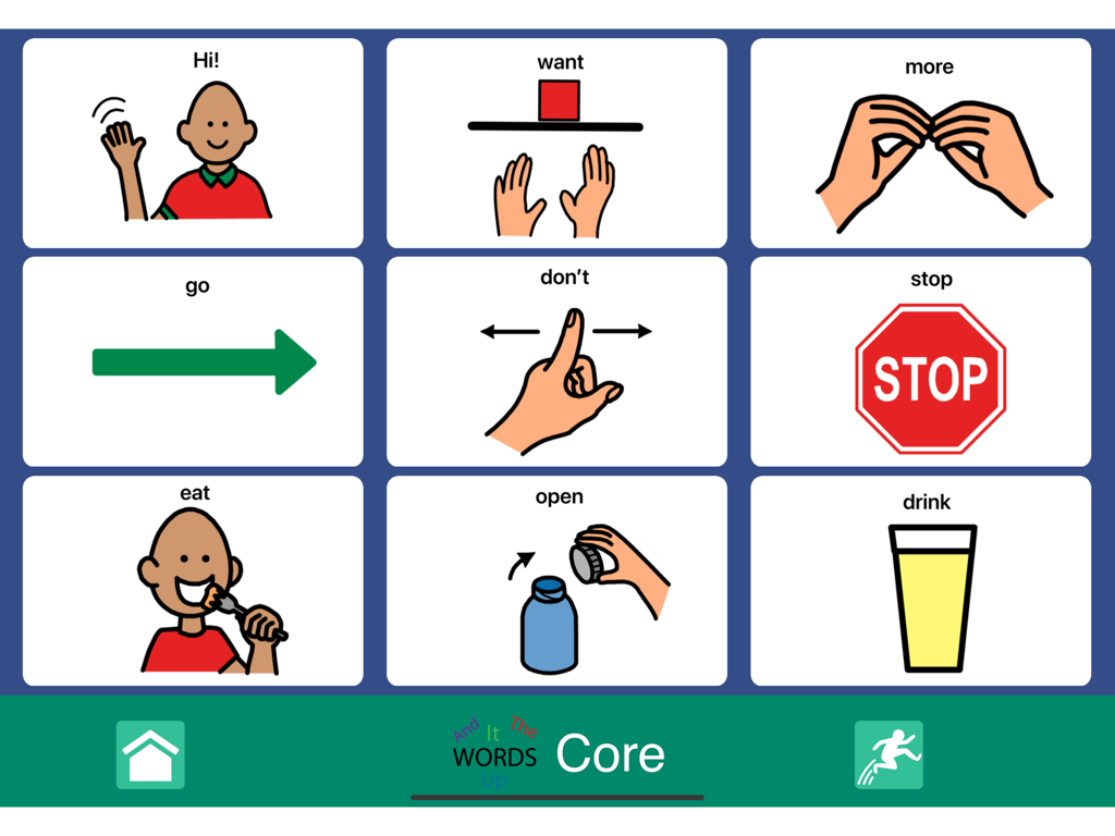 GoTalk® NOW - Schermata dell'app GoTalk NOW che mostra una griglia di comunicazione a nove pulsanti con simboli di vocabolario essenziale