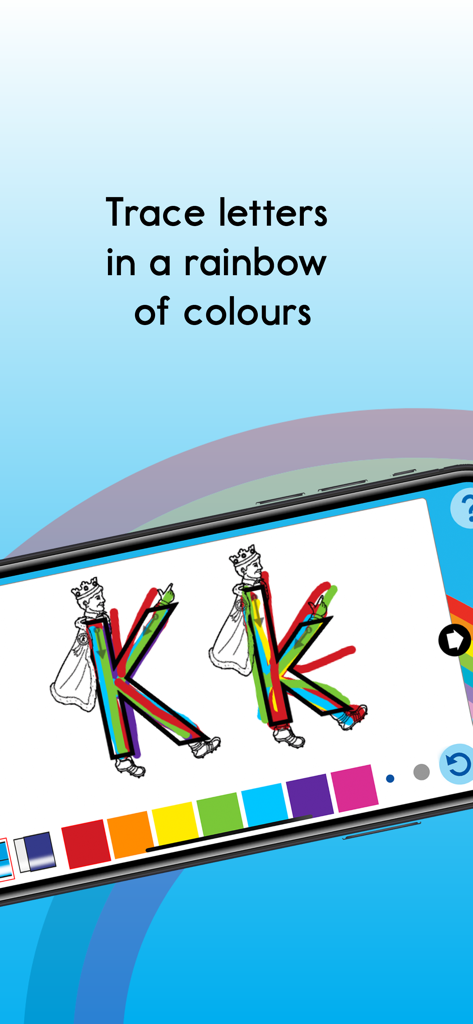 Pantalla de aplicación educativa que muestra a un niño trazando la letra K en varios colores arcoíris con el personaje del Rey Patada