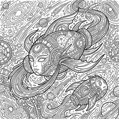 Unleash your creativity with this complex coloring page featuring sentient time vessels, intricately designed with gears, clocks, and celestial maps. Dive into a fantastical world where mechanical wonders navigate the cosmos and time itself.