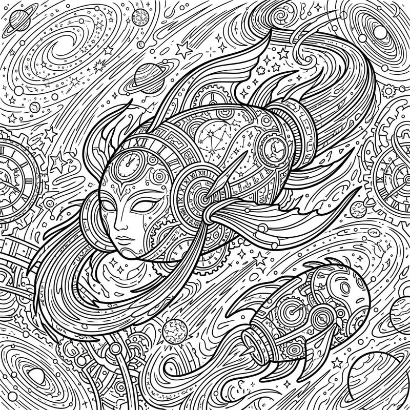 Unleash your creativity with this complex coloring page featuring sentient time vessels, intricately designed with gears, clocks, and celestial maps. Dive into a fantastical world where mechanical wonders navigate the cosmos and time itself.