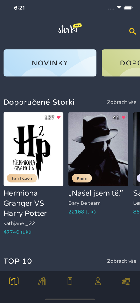 Storki App Startbildschirm mit empfohlenen Chat-Fiction-Stories und Kategorien.