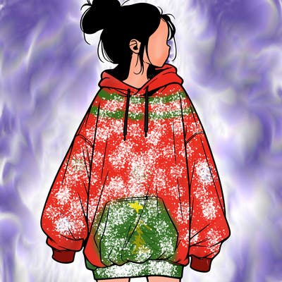 realistic girl with a oversized sweatshirt on and a bun