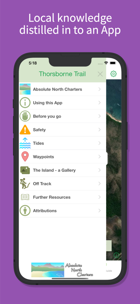 Interface of the Thorsborne Trail app showing main menu options for safety tides and local trail knowledge
