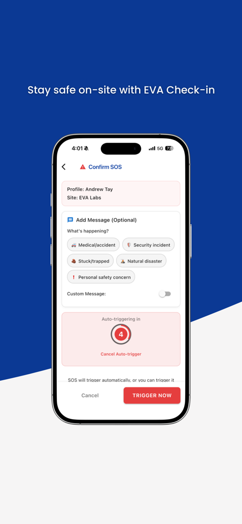 EVA Check-in | Visitor sign-in - Interface of the EVA Check-in app showing an emergency SOS trigger screen with options for medical and security incidents