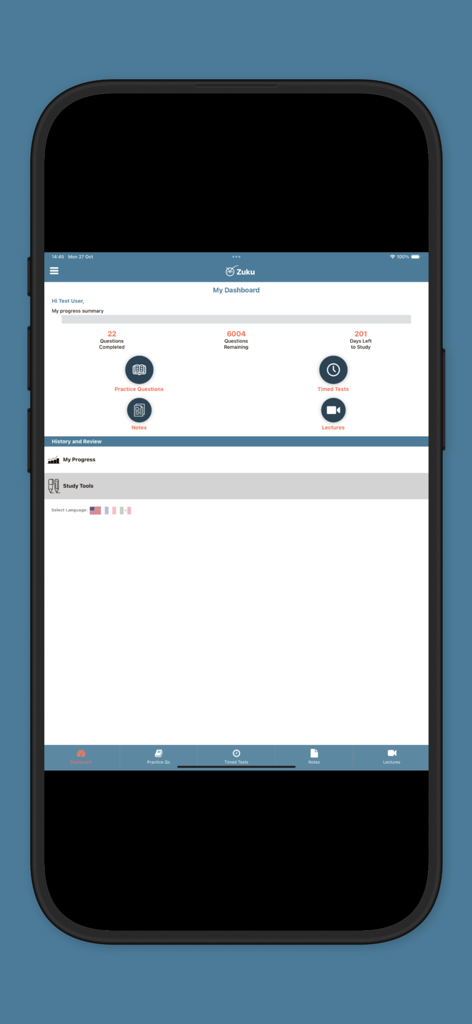 ZukuReview mobile app dashboard displaying progress summary and study modules for veterinary students
