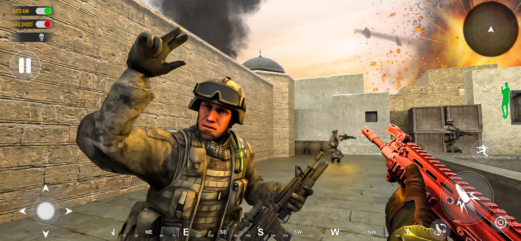 Fps Shooting Games - Gun Fire - First person view of an army commando holding a red assault rifle in a battle zone