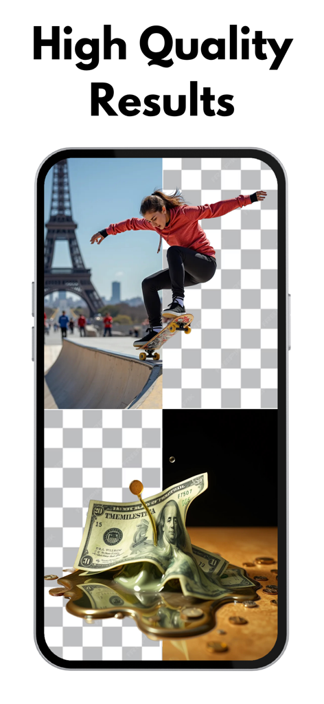 Background Eraser - Remover AI - Smartphone mostrando eliminación de fondo de alta calidad por IA de una foto de un skater y una imagen artística de un billete de dólar