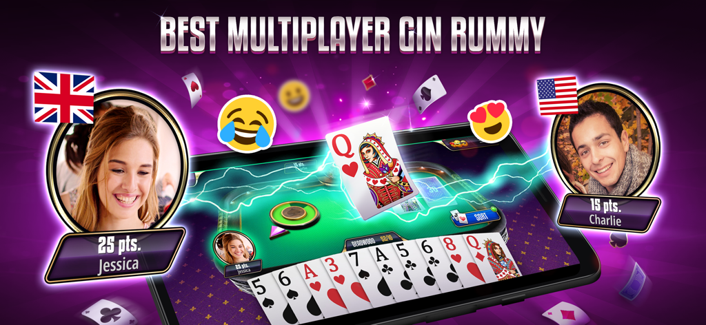 Jugabilidad multijugador de gin rummy mostrando jugadores online con emojis sociales y animaciones de cartas realistas