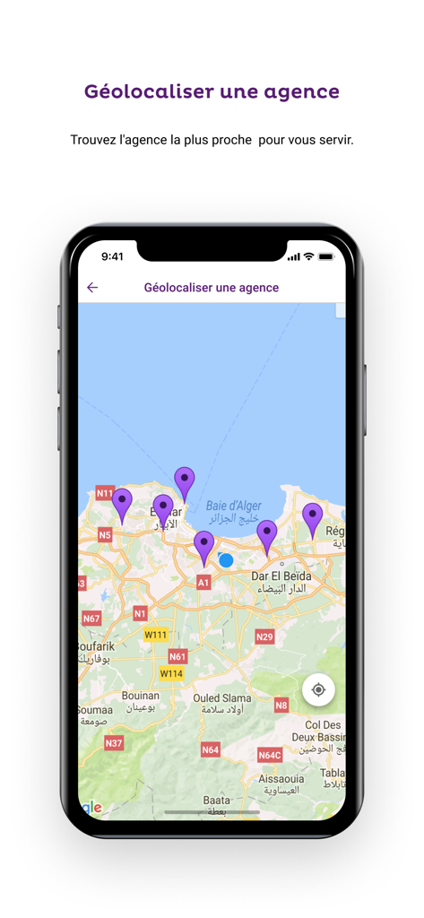 Map view of the Banxy mobile app branch locator showing branch locations in Algiers