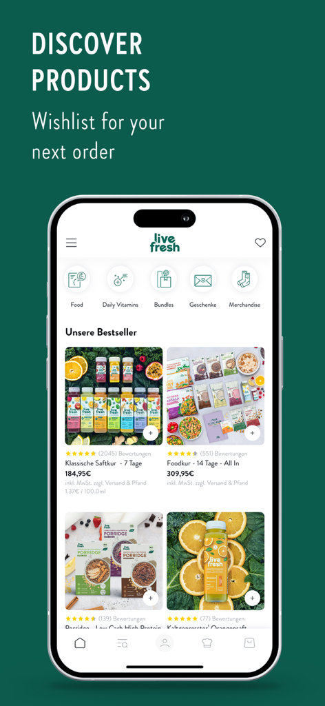 LiveFresh app screen showing juice cleanses and healthy food bestsellers.