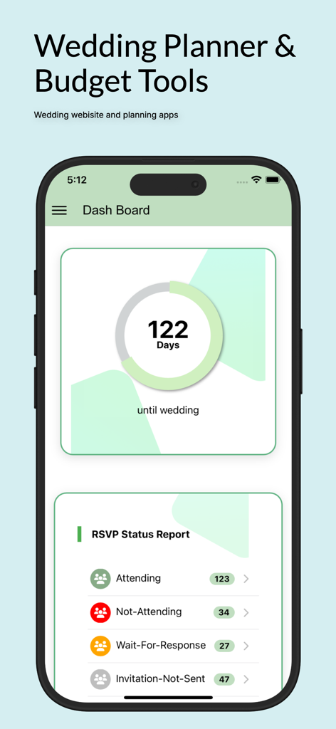 Dashboard dell'app Pianificatore Matrimoni con conto alla rovescia e report sullo stato degli RSVP