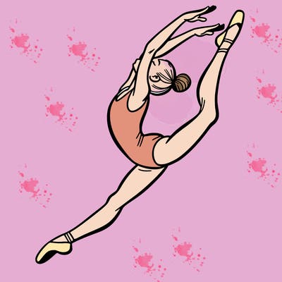 gymnast doing a leap in a leotard with a bent back leg