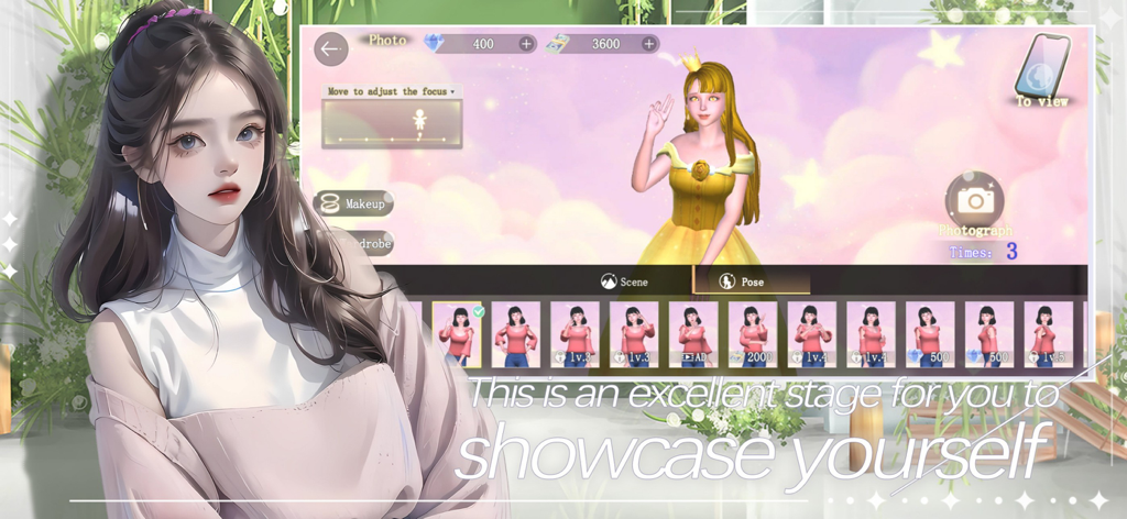 Dancing Dress Up Star - A 3D character in a yellow gown posing in the photography and pose selection screen of the Dancing Dress Up Star mobile game.
