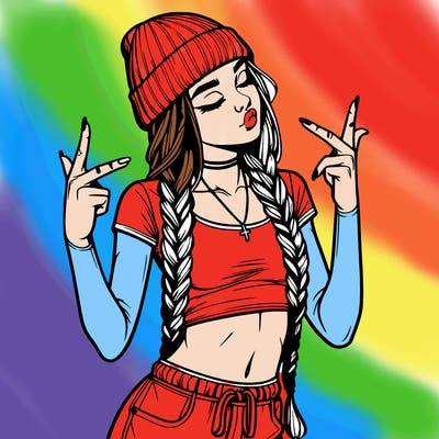 realistic teenage girl with braids and a beanie and crop top doing 🫶🏼