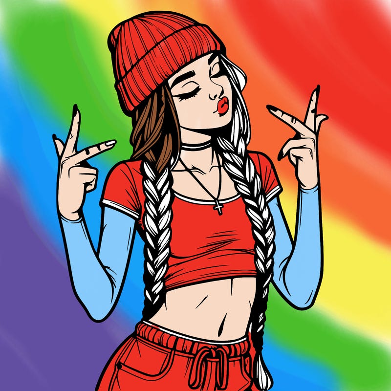 realistic teenage girl with braids and a beanie and crop top doing 🫶🏼