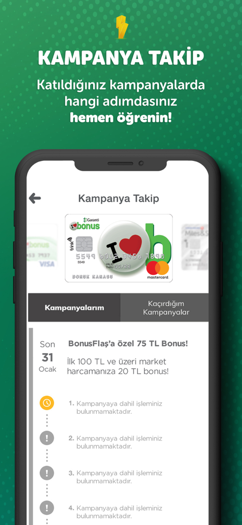 BonusFlaş app screen for tracking credit card campaign progress and rewards