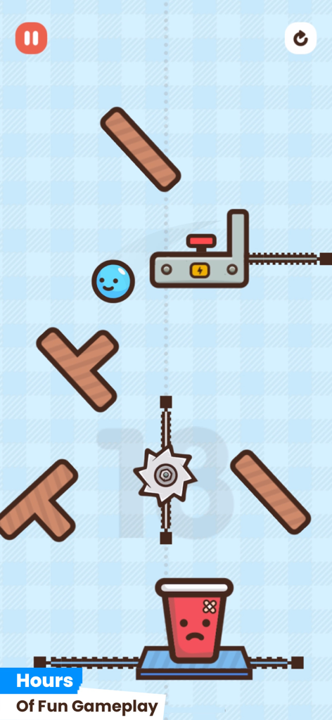 Frantic Fall - A physics-based puzzle level in Frantic Fall showing a blue orb character navigating through obstacles toward a red cup.