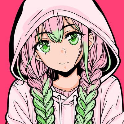 anime girl with long braids and hoodie