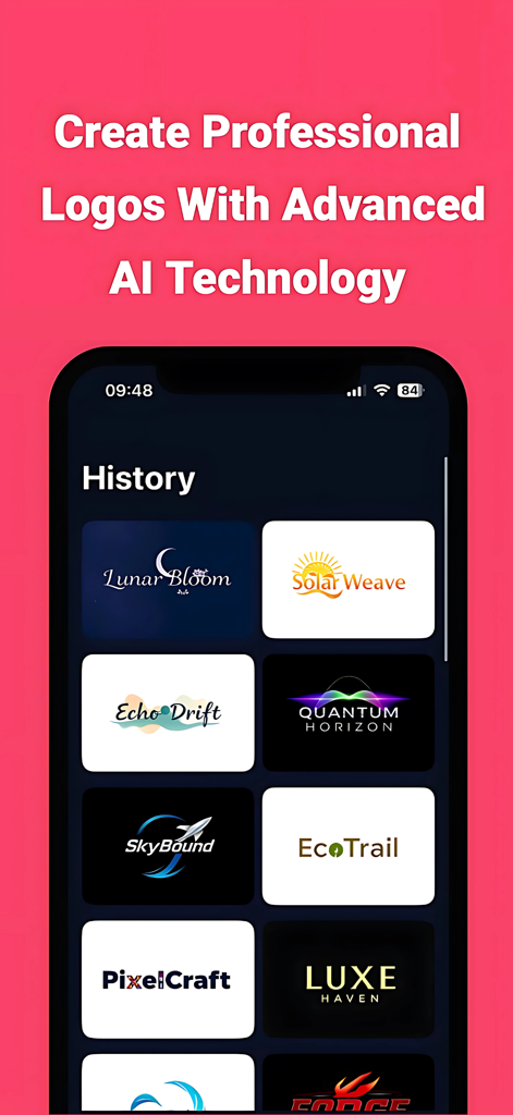 Una interfaz de aplicación móvil que muestra un historial de varios logos profesionales creados con tecnología de IA