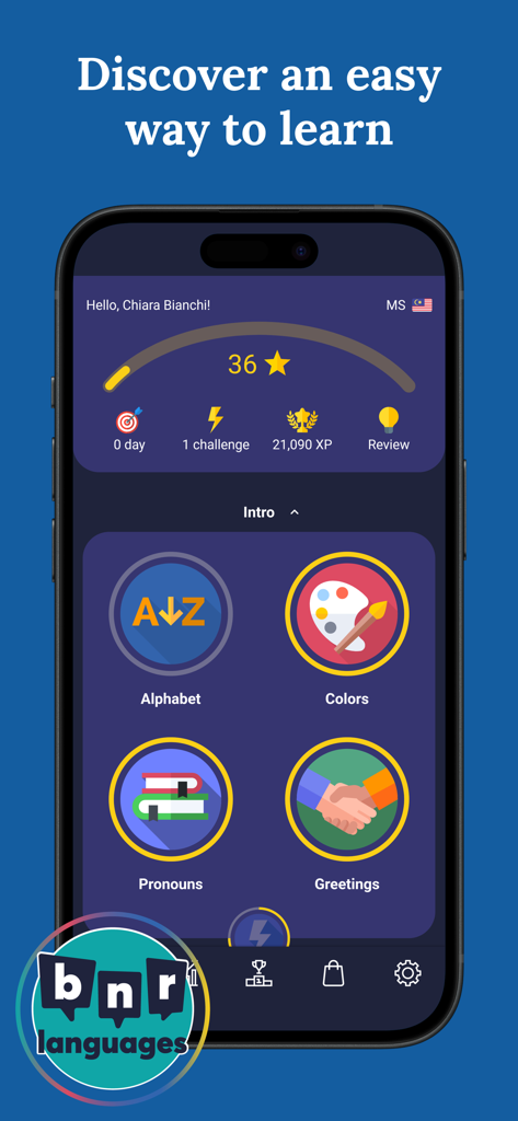 Learn Malay (Beginners) - Oberfläche der Learn Malay Beginners App, die Einführungskurse für Alphabet, Farben, Pronomen und Begrüßungen zeigt.