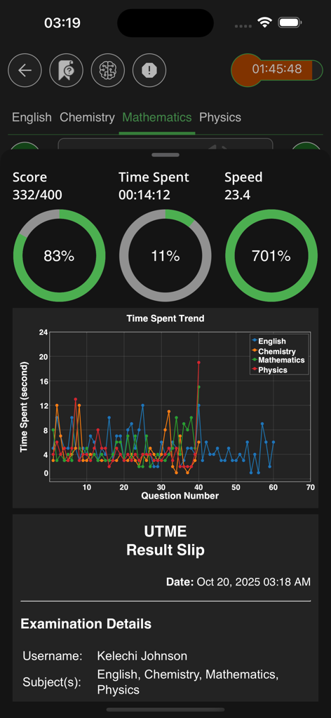 TestDriller UTME - TestDriller UTME 시험 결과 화면, 점수 분석, 소요 시간 추세 및 과목별 성과 차트 표시