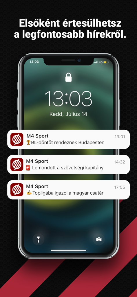 iPhone lock screen showing sports news notifications from the M4 Sport app
