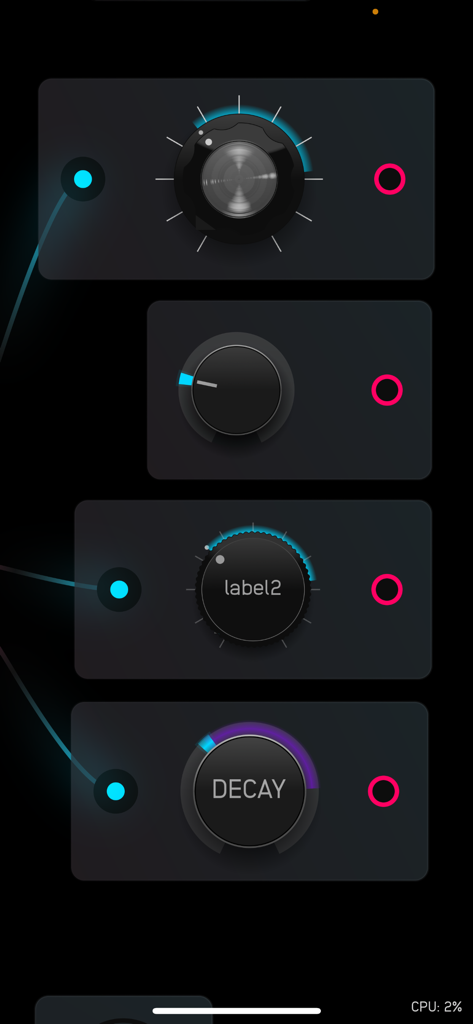 Audulus 4 - Audulus 4 modular synthesizer interface with virtual knobs and decay control