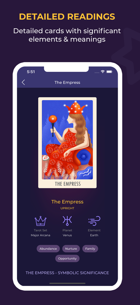 Una vista detallada de la carta de La Emperatriz del tarot, mostrando sus significados simbólicos, el planeta asociado Venus y el elemento Tierra.