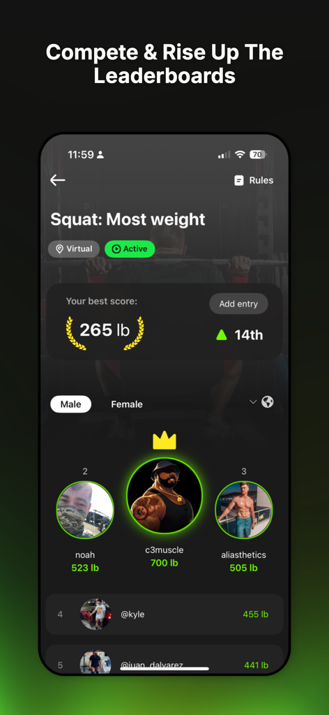Top Challenger app interface showing a global leaderboard for a squat weight competition.