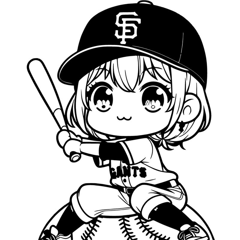 cute anime girl playing baseball with a san francisco giants hat on