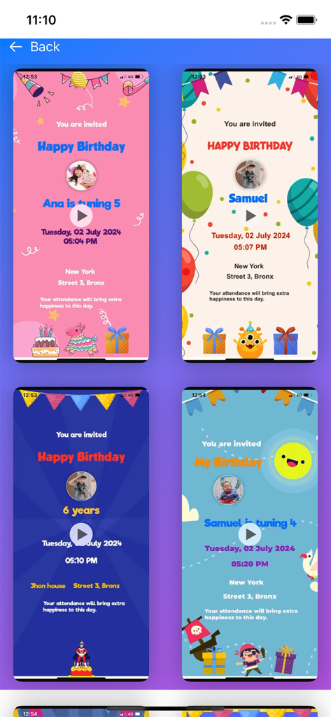 Birthday Invitation Maker ! - A selection of colorful themed video invitation templates for children's birthday parties.