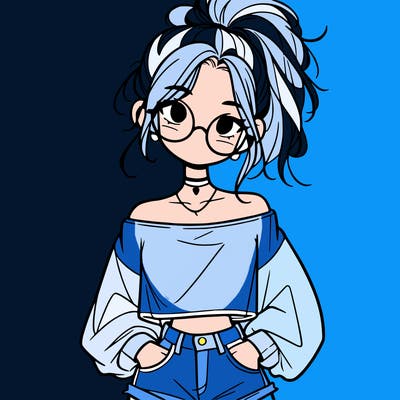 girl with a messy ponytail glasses a baggy crop top and jean shorts