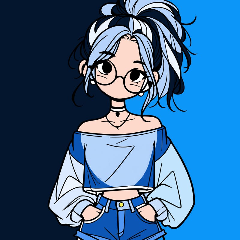 girl with a messy ponytail glasses a baggy crop top and jean shorts