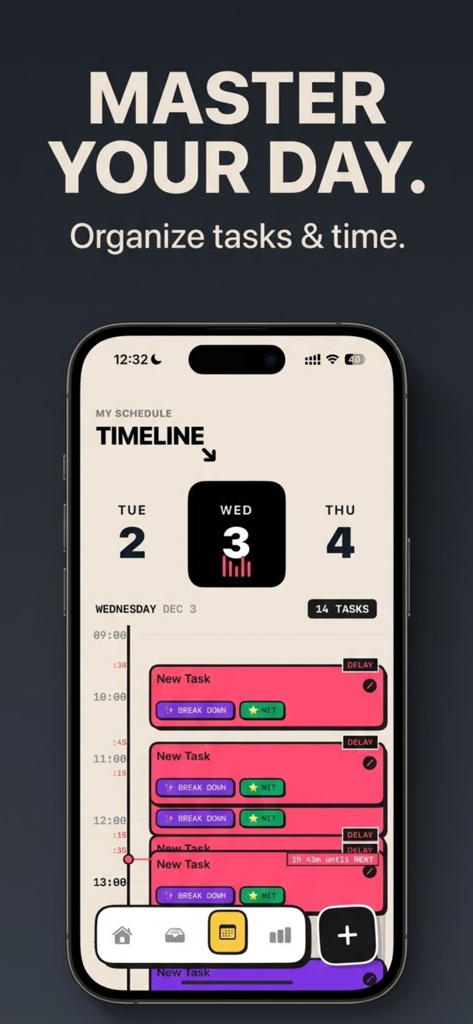 An iPhone displaying the ADHD OS app daily timeline with a neo-brutalism design showing tasks and a scheduled calendar view.