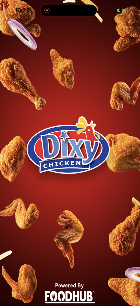 Dixy Chicken Online - Dixy Chicken Online app splash screen featuring the company logo and floating pieces of crispy fried chicken