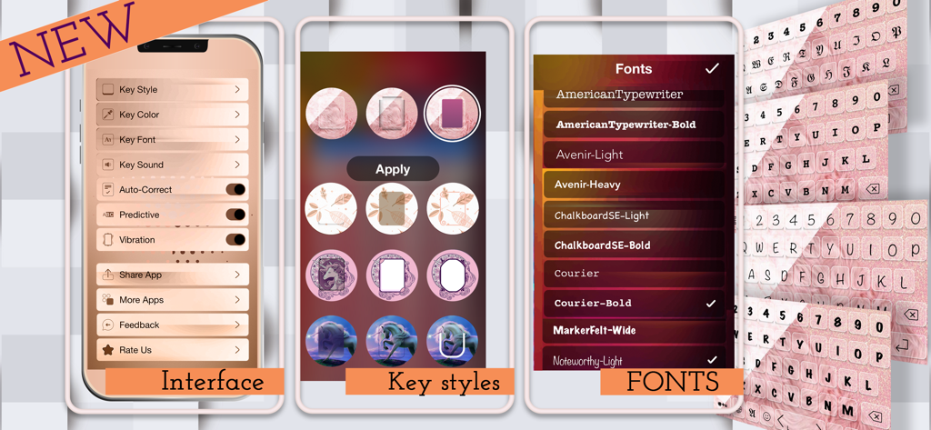 KeyPro – Keyboard Themes Fonts - Capturas de pantalla de la aplicación KeyPro que muestran la configuración de la interfaz, estilos de teclas de oro rosa y fuentes elegantes para la personalización del teclado.