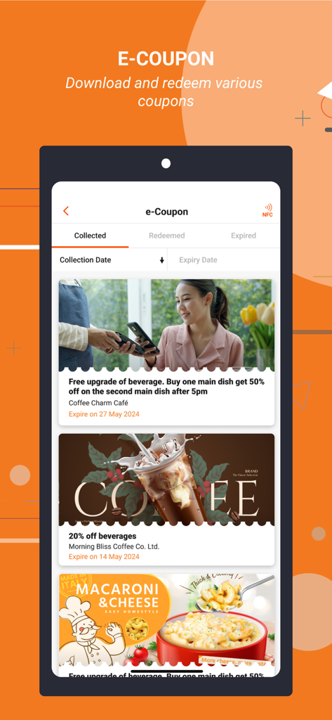 HKTDC Marketplace - HKTDC Marketplace app screen displaying various e-coupons for food and beverages including discounts and free upgrades.
