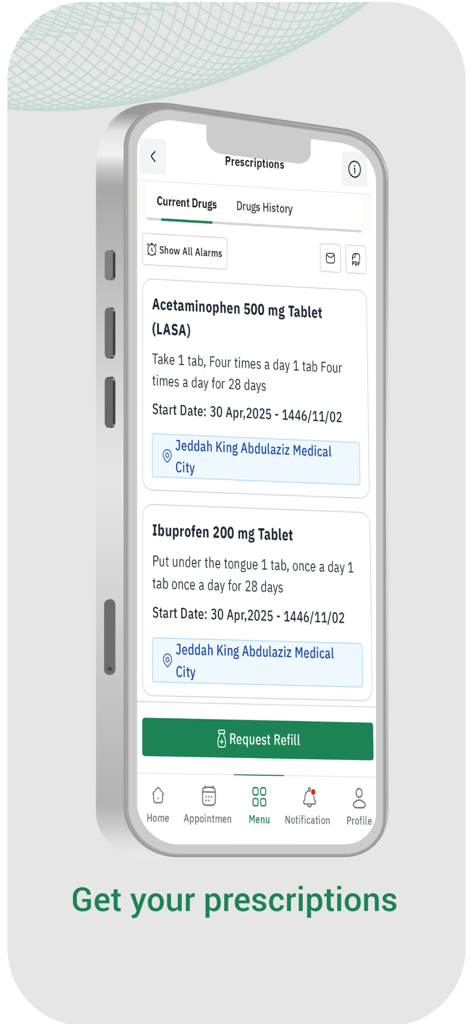 Interface des ordonnances dans l'application Malafi montrant les détails des médicaments et un bouton pour demander un renouvellement.