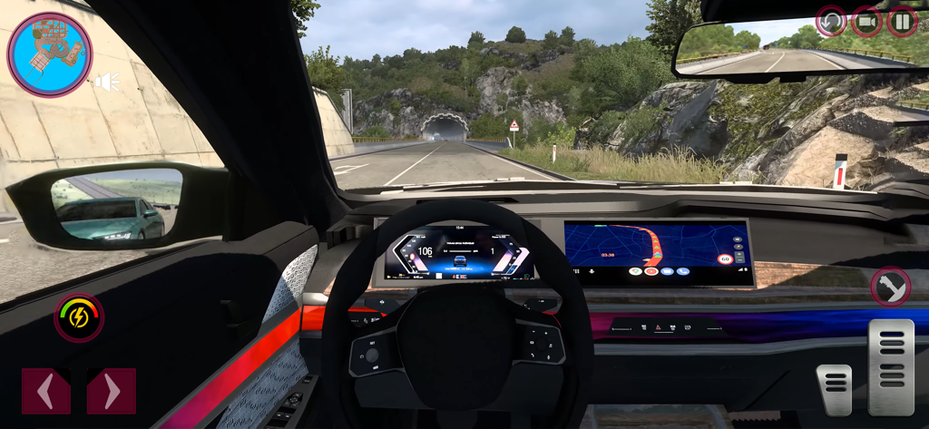 First person interior driving view in Car Simulator Multiplayer 2026 showing the dashboard and road ahead