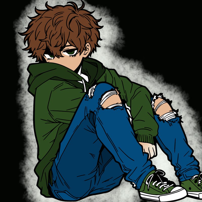 a male hoddie ripped jeans messy hair anime