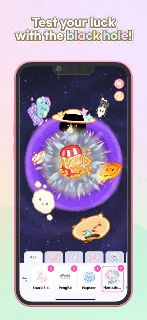 A gacha luck draw screen in Fidget Town featuring a black hole and cute characters